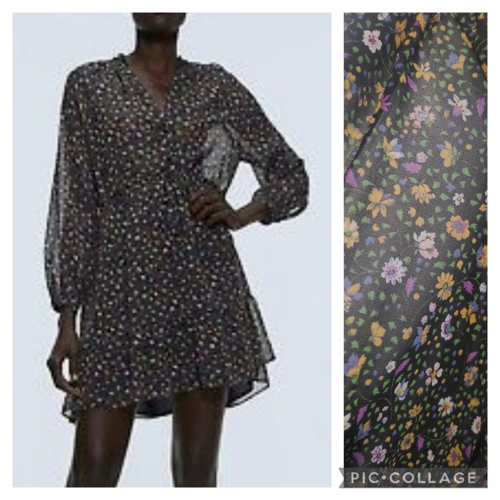 Zara floral Sheer Long Sleeve Deep V Flowy Dress